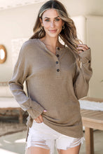 Load image into Gallery viewer, FASHION HOUSE- Pale Khaki Rib Textured Henley Knit Top
