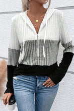 Load image into Gallery viewer, DEAR LOVE- Black Color Block Ribbed Half Zip Drawstring Hooded Top