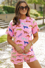 Load image into Gallery viewer, Pink Flower Print Short Sleeve High Waist Two Piece Shorts Set