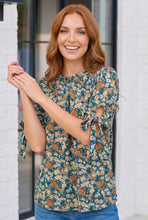 Load image into Gallery viewer, Teal Floral Tie Sleeve Blouse