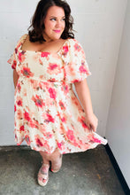 Load image into Gallery viewer, Peach Floral Chiffon Puff Sleeve Dress