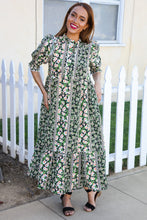 Load image into Gallery viewer, Hello Beautiful Black & Green Ruffled Notch Neck Babydoll Smocked Midi Dress