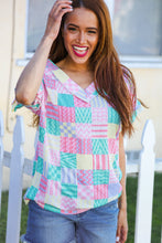 Load image into Gallery viewer, Easy Living Mint Patchwork Print Textured Knit V Neck Top