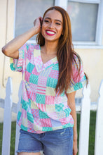 Load image into Gallery viewer, Easy Living Mint Patchwork Print Textured Knit V Neck Top