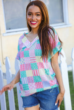 Load image into Gallery viewer, Easy Living Mint Patchwork Print Textured Knit V Neck Top