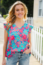 Load image into Gallery viewer, Flower Power Blue V Neck Flutter Sleeve Woven Blouse