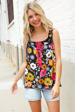 Load image into Gallery viewer, Flower Power Black Sleeveless Babydoll Bow Tie Top