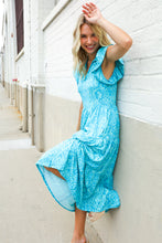 Load image into Gallery viewer, Find Love Blue Boho Print Flutter Sleeve Fit & Flare Dress