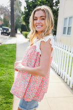 Load image into Gallery viewer, Coral & White Cotton Floral Embroidered Yoke Top
