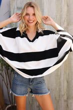 Load image into Gallery viewer, The Traveler Black/White Stripe Dolman Notch Neck Sweater Poncho