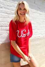 Load image into Gallery viewer, Patriotic USA Red Knit Embroidery Puff Sleeve Sweater Top