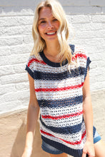 Load image into Gallery viewer, Feeling Festive Red White & Blue Striped Crochet Sweater Top