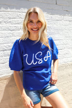 Load image into Gallery viewer, Patriotic USA Blue Knit Embroidery Puff Sleeve Sweater Top