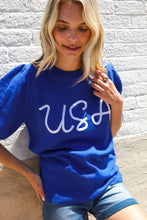 Load image into Gallery viewer, Patriotic USA Blue Knit Embroidery Puff Sleeve Sweater Top
