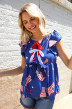 Load image into Gallery viewer, American Flag Blue & Red Stars & Bow Print Woven Top