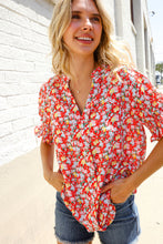 Load image into Gallery viewer, Elegant You Ruby Notched Neck Floral Smocked Sleeve Blouse