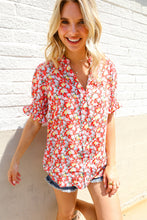 Load image into Gallery viewer, Elegant You Ruby Notched Neck Floral Smocked Sleeve Blouse