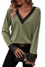 Load image into Gallery viewer, Moss Green Contrast V Neck Button Cuffed Long Sleeve Top