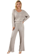 Load image into Gallery viewer, Khaki Ribbed Knit V Neck Slouchy Two-piece Outfit