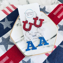 Load image into Gallery viewer, I LOVE THE U.S.A EARRINGS -Genuine Leather& Fine Glitter