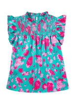 Load image into Gallery viewer, Green Floral Ruffled Flutter Sleeve Ruched Blouse