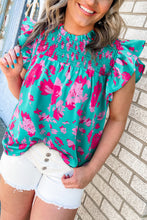 Load image into Gallery viewer, Green Floral Ruffled Flutter Sleeve Ruched Blouse
