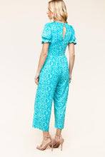Load image into Gallery viewer, PLUS Spring Vibes Aqua Ikat Print Ruffle Sleeve Wide Leg Jumpsuit
