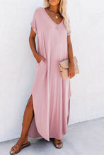 Load image into Gallery viewer, Pink V Neck Hidden Pocket Splits Maxi T-shirt Dress