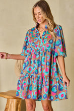 Load image into Gallery viewer, Green Leopard Print Bubble Sleeve Slit Neck Ruffled Dress
