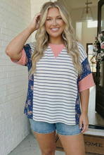 Load image into Gallery viewer, Stripe and Floral Mixed Media Oversized Top