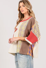 Load image into Gallery viewer, Round Neck Plaid Star Patch T-Shirt- SAGE + FIG