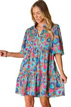Load image into Gallery viewer, Green Leopard Print Bubble Sleeve Slit Neck Ruffled Dress