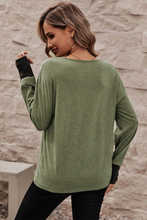 Load image into Gallery viewer, Moss Green Contrast V Neck Button Cuffed Long Sleeve Top