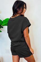 Load image into Gallery viewer, Black 2pcs Solid Textured Drawstring Shorts Set