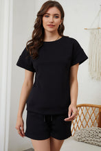 Load image into Gallery viewer, Black 2pcs Solid Textured Drawstring Shorts Set