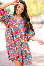 Load image into Gallery viewer, Sky Blue Floral Print Tie Split Neck Bubble Sleeve Babydoll Dress
