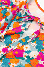 Load image into Gallery viewer, Sky Blue Floral Print Tie Split Neck Bubble Sleeve Babydoll Dress