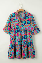 Load image into Gallery viewer, Green Leopard Print Bubble Sleeve Slit Neck Ruffled Dress