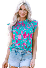 Load image into Gallery viewer, Green Floral Ruffled Flutter Sleeve Ruched Blouse