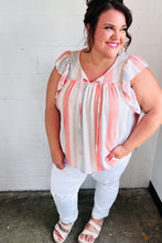 Load image into Gallery viewer, Coral & Light Blue Stripe Waffle Tie Neck Top
