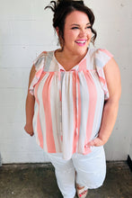 Load image into Gallery viewer, Coral & Light Blue Stripe Waffle Tie Neck Top