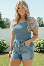 Load image into Gallery viewer, Smocked Peplum Top with Floral Puff Sleeves
