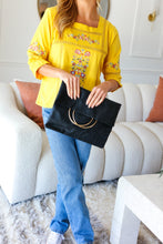 Load image into Gallery viewer, Black Fold Over Gold O-Ring Faux Leather Clutch