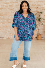 Load image into Gallery viewer, DEAR SCARLETT- Dreamer Peplum Top in Navy and Lavender Animal Print