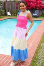 Load image into Gallery viewer, Vacay Vibes Hot Pink & Blue Smocked Color Block Maxi Dress