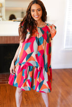 Load image into Gallery viewer, Stand Out Magenta & Teal Geometric Yoke Woven Dress