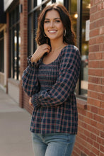 Load image into Gallery viewer, Sweetheart Smocked Navy Plaid Top