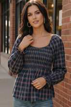 Load image into Gallery viewer, Sweetheart Smocked Navy Plaid Top