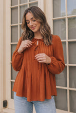 Load image into Gallery viewer, Sipping Apple Cider Tie Neck Blouse