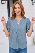 Load image into Gallery viewer, Dusty Blue Dreams Embroidered V-Neck Top